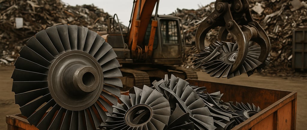 Recycling yard with turbine blades and a rusty excavator amid scrap piles under a gray sky.