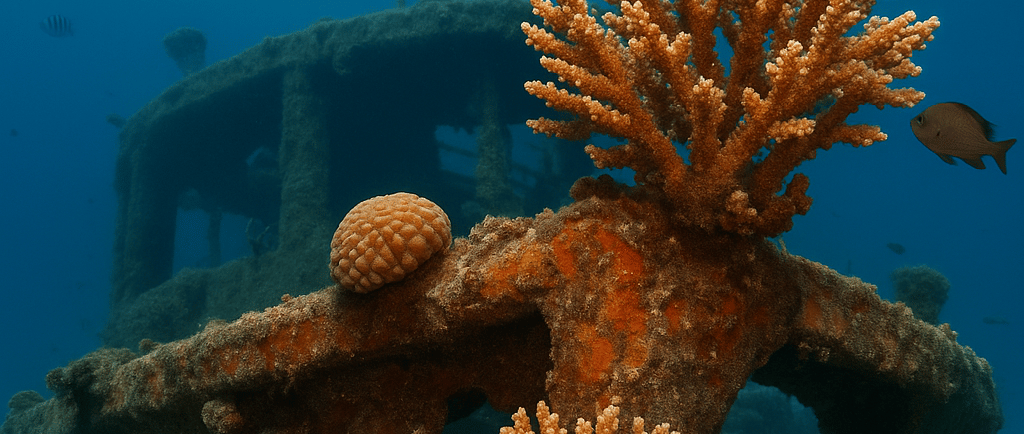 Rusted shipwreck with coral growth and fish, lit by sunlight underwater.