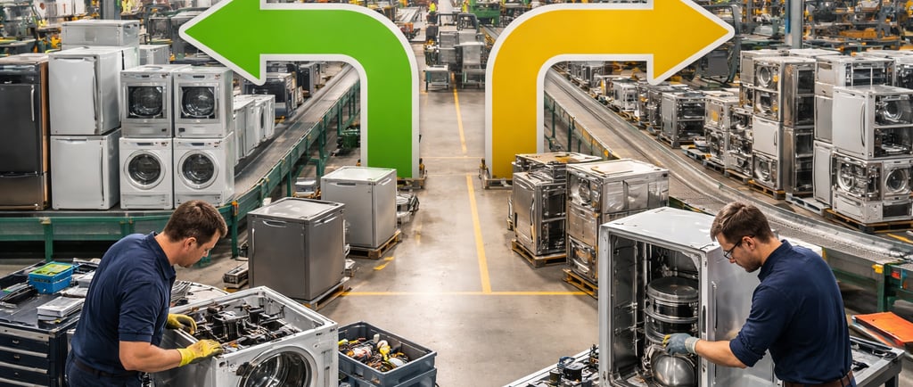 Appliance repair and recycling facility with technicians and stacked units.