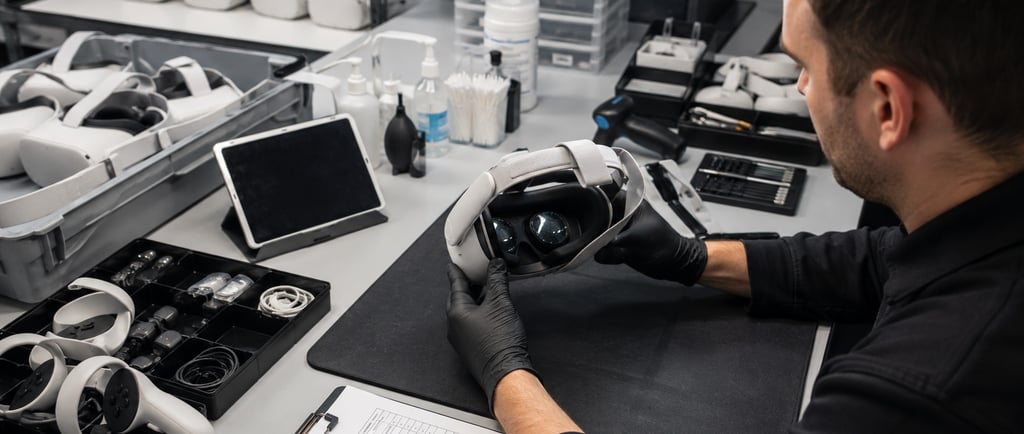 Technician inspecting a used XR headset at a refurbishment intake station.
