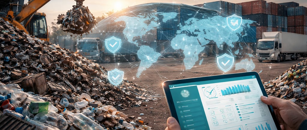 Recycling yard at sunset with scrap piles, an excavator, trucks, and a tablet showing compliance