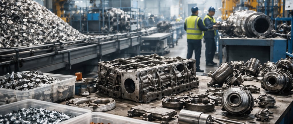 Industrial remanufacturing facility with engine components and sorted recycled metal parts.