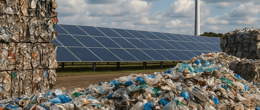Recycling yard with solar panels and a wind turbine.