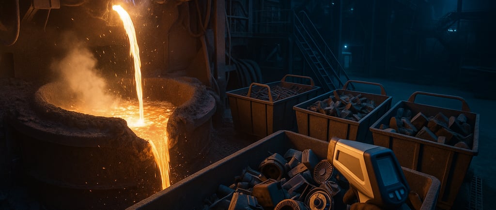 EAF tapping molten steel with scrap bins and handheld analyzer.