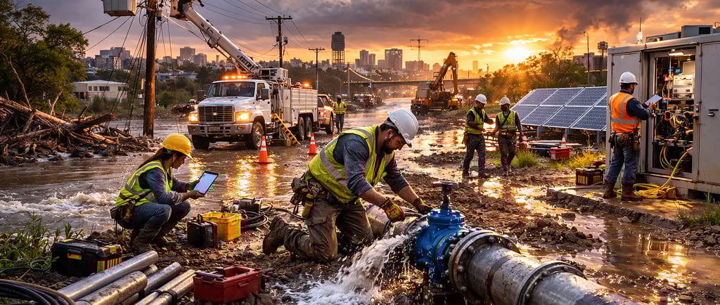 Crews repairing a burst pipe and power lines in a flooded street at sunset.