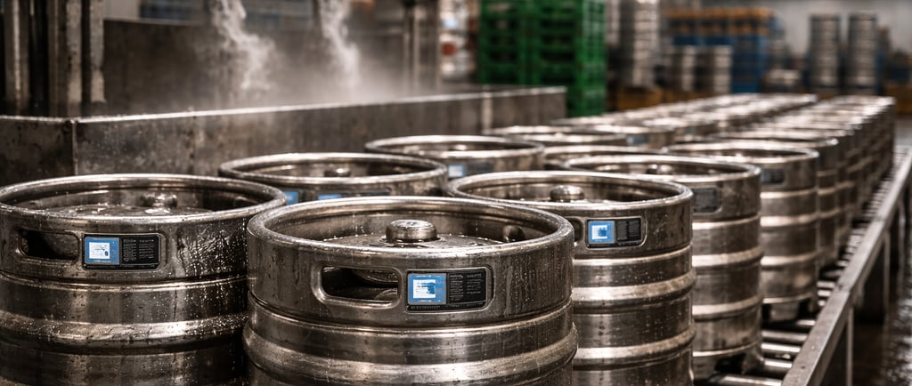 Cleaned stainless steel kegs drying on racks after return in an industrial facility.