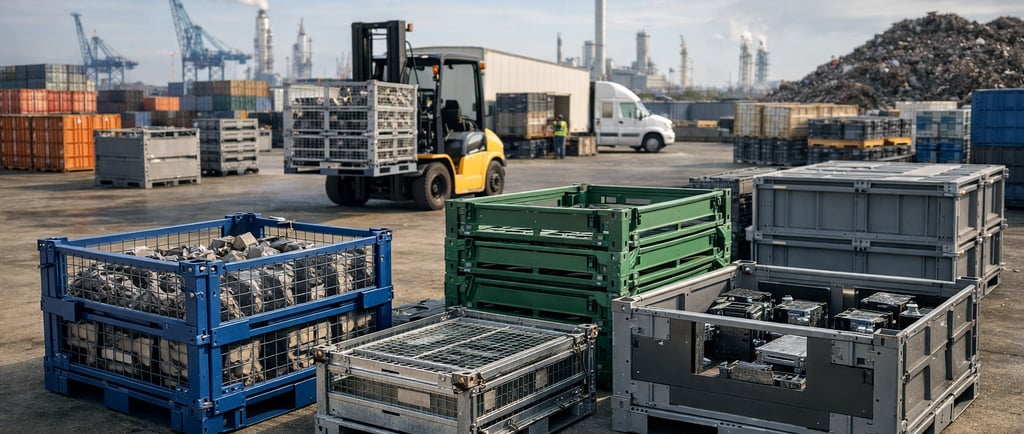 Reusable steel shipping cages in an industrial yard with a forklift.