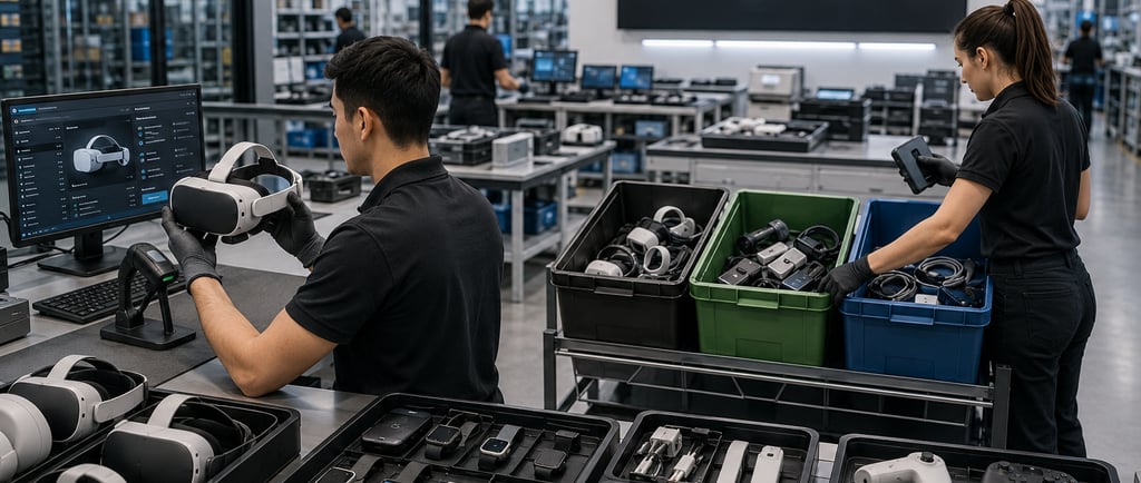 Technician inspecting returned XR devices at a warranty reverse logistics intake station.