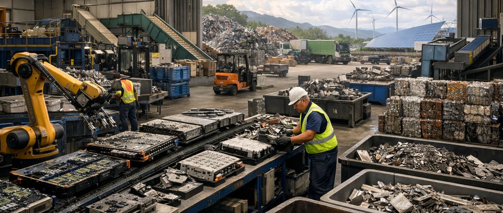 Worker sorting batteries and scrap metals inside a reverse logistics hub.
