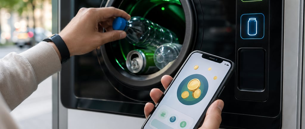 Person returning a plastic bottle at a smart recycling kiosk while checking digital reward tokens