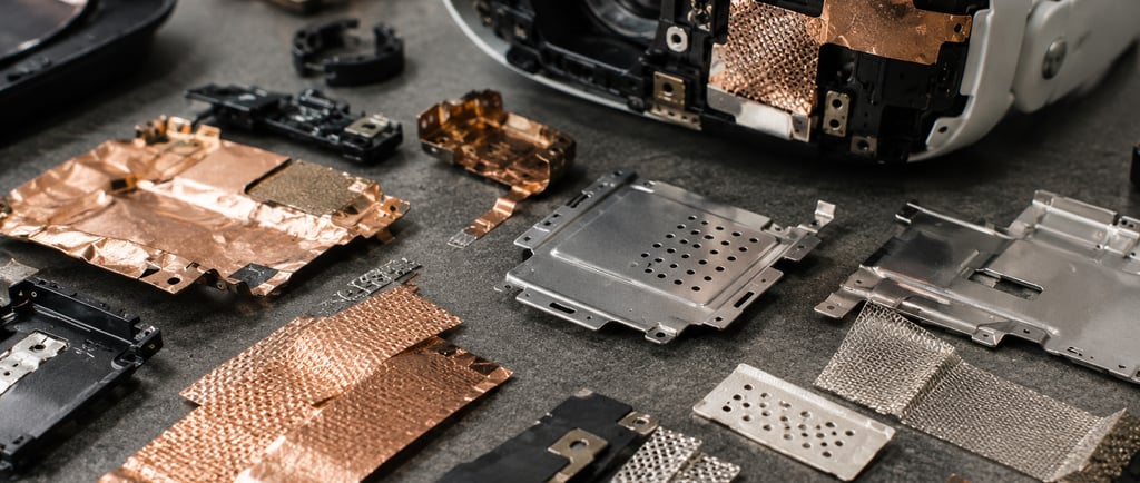 close-up of a dismantled XR headset on an electronics recycling bench with copper RF shielding foil