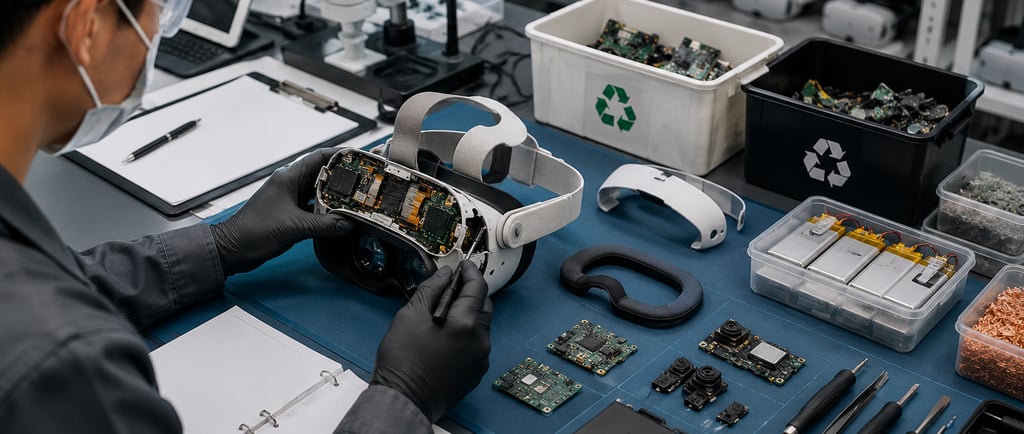 Technician disassembling an XR headset in a clean electronics repair lab with sorted components
