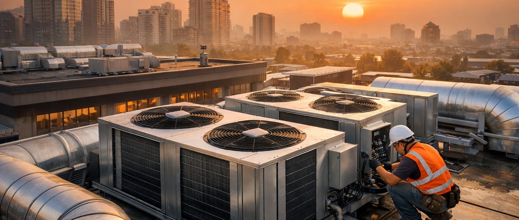 Technician servicing rooftop HVAC units at an urban cooling center