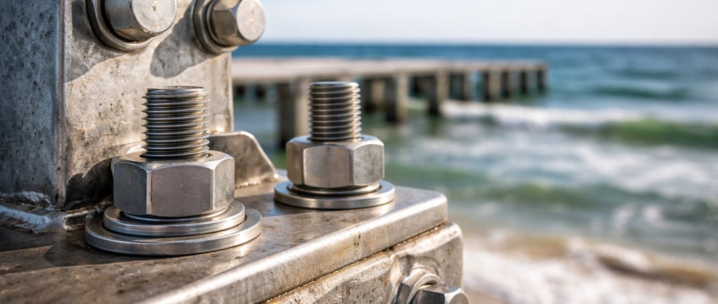 Close-up of stainless steel bolts and washers securing a coastal metal structure beside the sea.