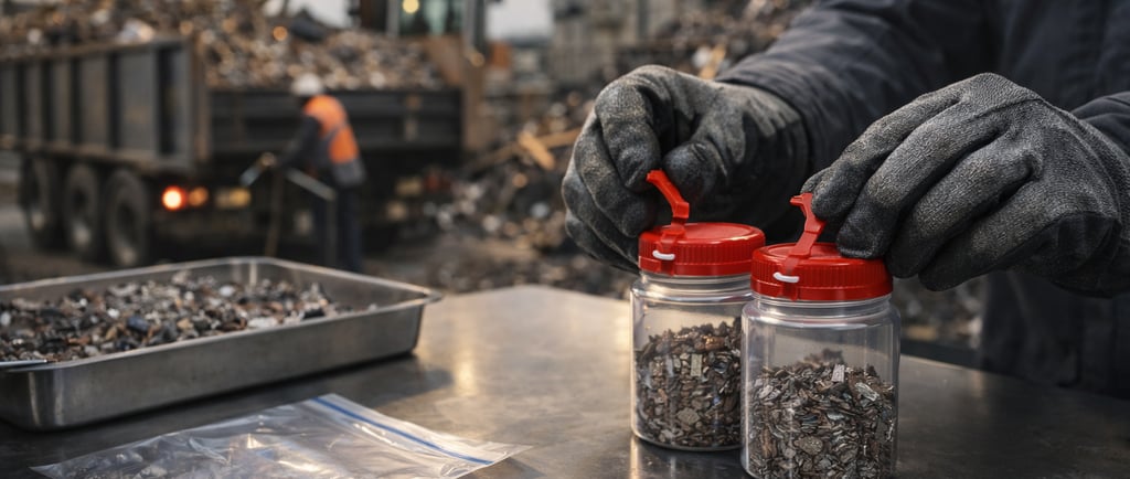 Gloved hands seal metal scrap samples on a stainless table with active scrap loading in the back