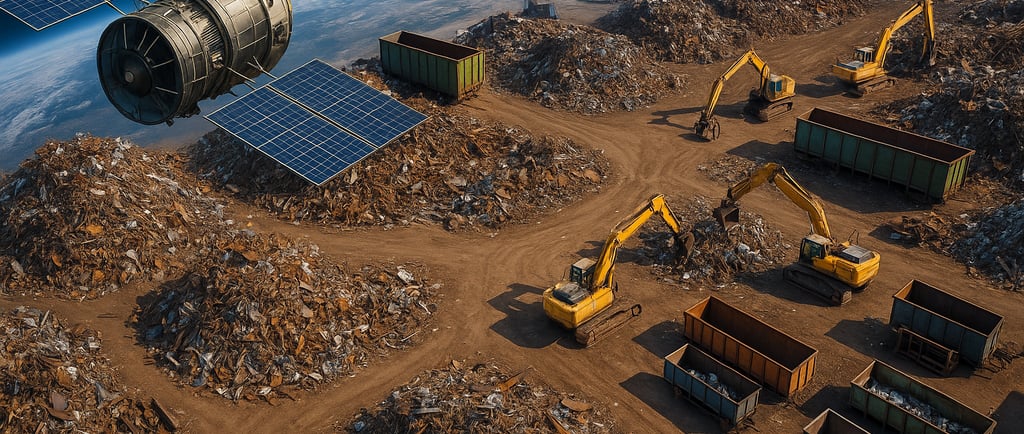 Satellite above scrap yard with excavators and metal piles.