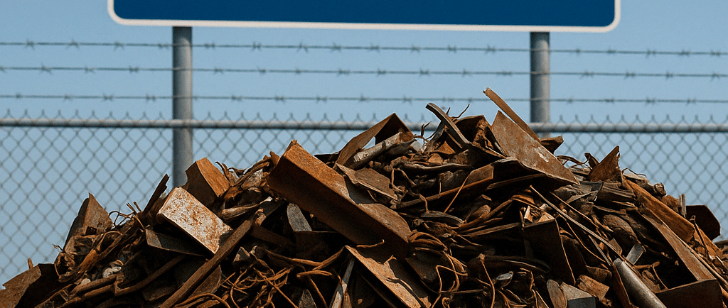 A close-up view of a large pile of rusted scrap metal in front of a barbed-wire fence and a blue reg