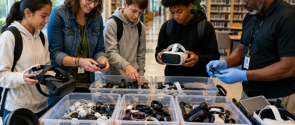 Students, a teacher, and a recycling technician sorting old wearables and XR devices at a school.