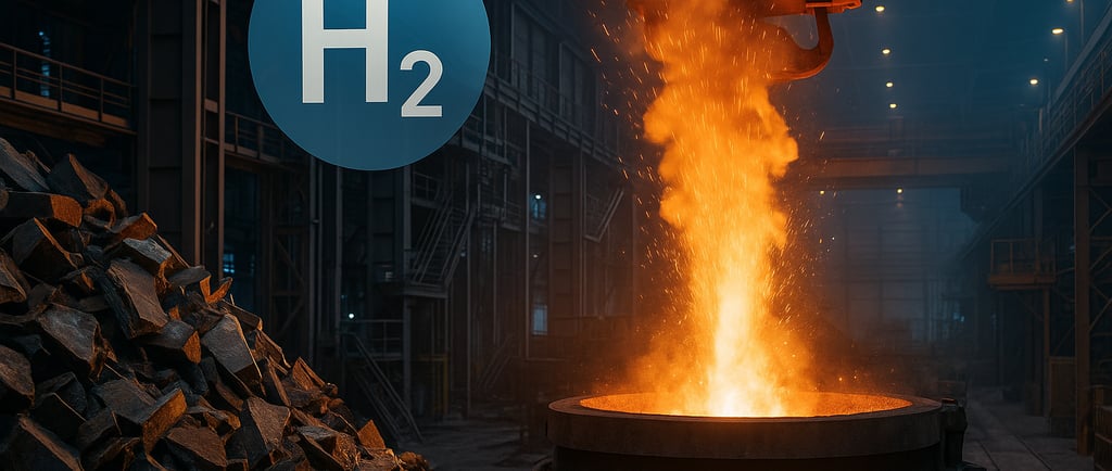 molten steel pouring in a modern furnace with scrap metal and hydrogen glow.