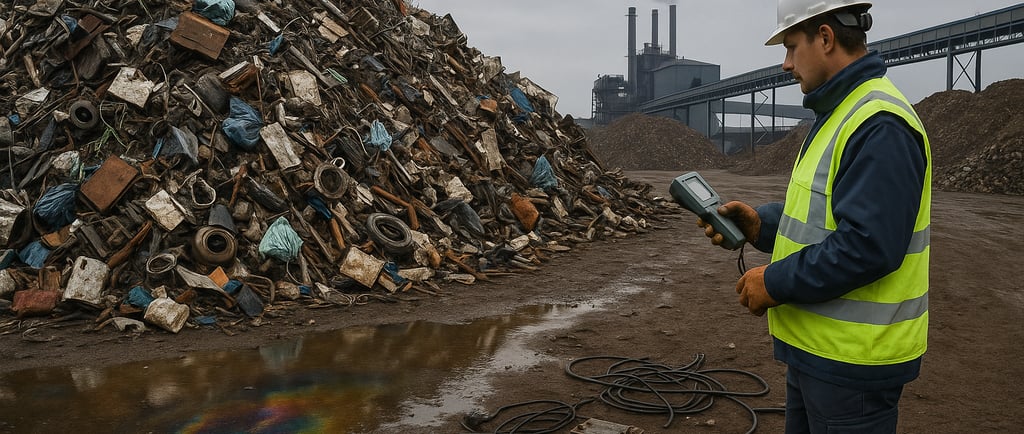 Contaminated scrap pile with plastics and oily runoff at a recycling yard.