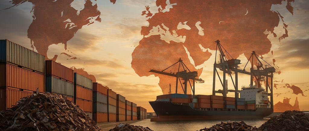 Scrap piles and cargo ship with world-map overlay