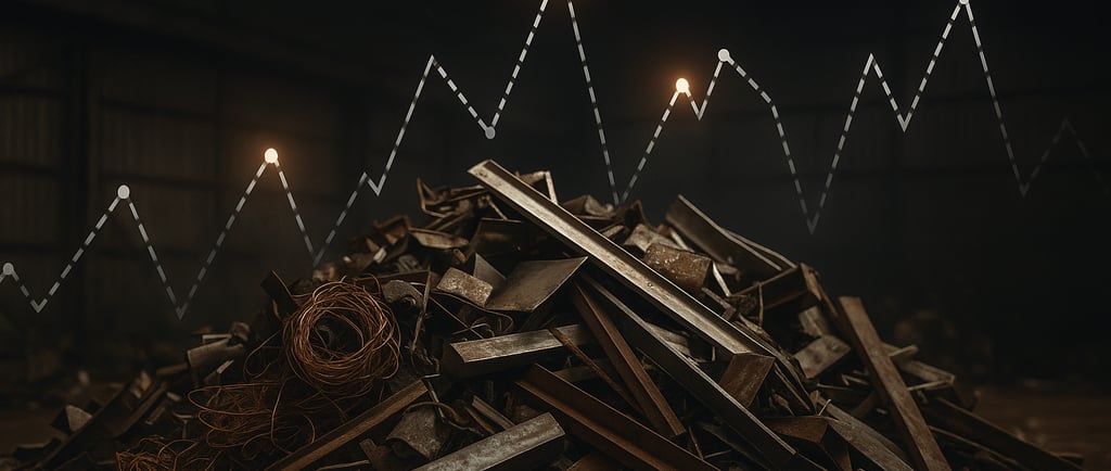 Scrap metal pile with line-graph overlay depicting price volatility.