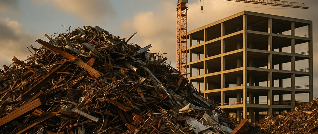 Scrap metal pile near a concrete building under construction at sunset.
