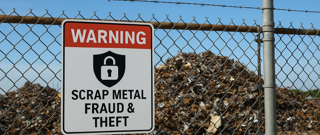 Secured scrap metal yard with fence, barbed wire, and metal piles under blue sky.