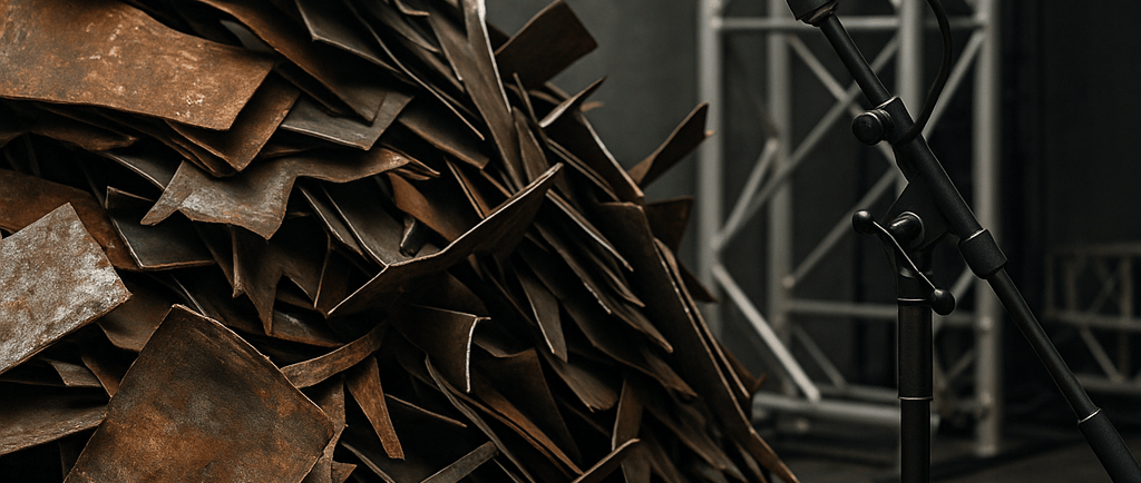 Scrap metal pile beside a microphone stand on a stage.