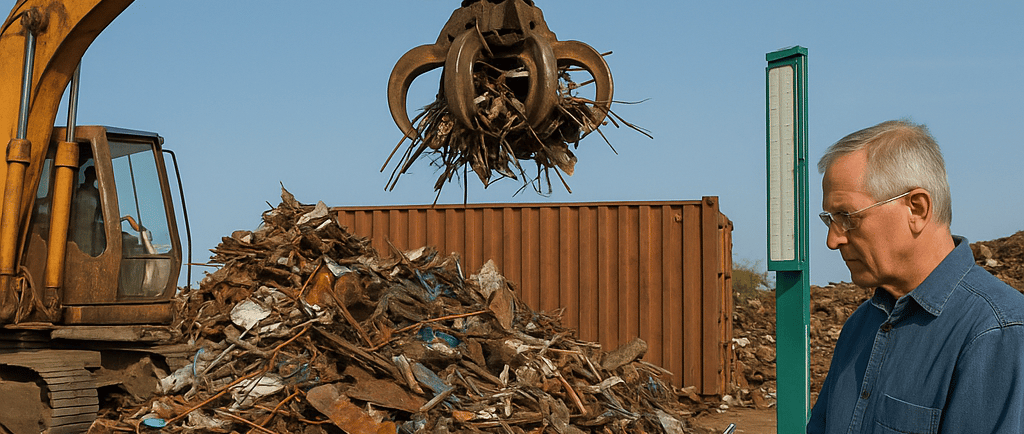 Scrap yard with excavator lifting metal and man taking notes.