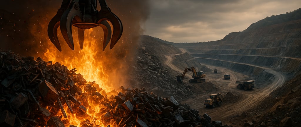 Molten scrap and mining machinery under a dramatic sky.