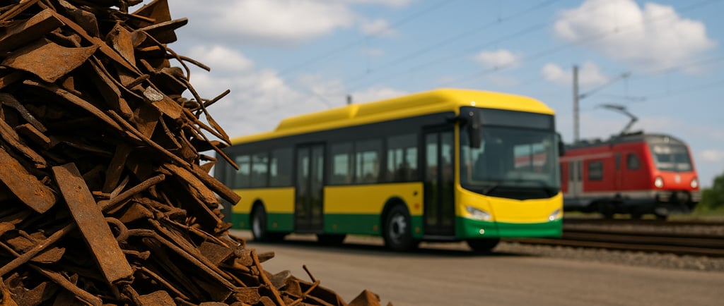 Scrap metal pile with electric bus and commuter train in the background.