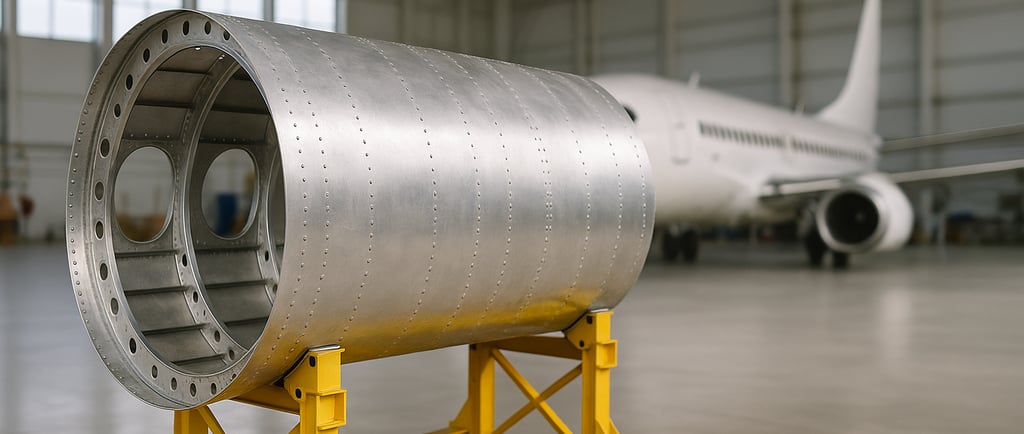 Recycled aluminum fuselage in aircraft hangar