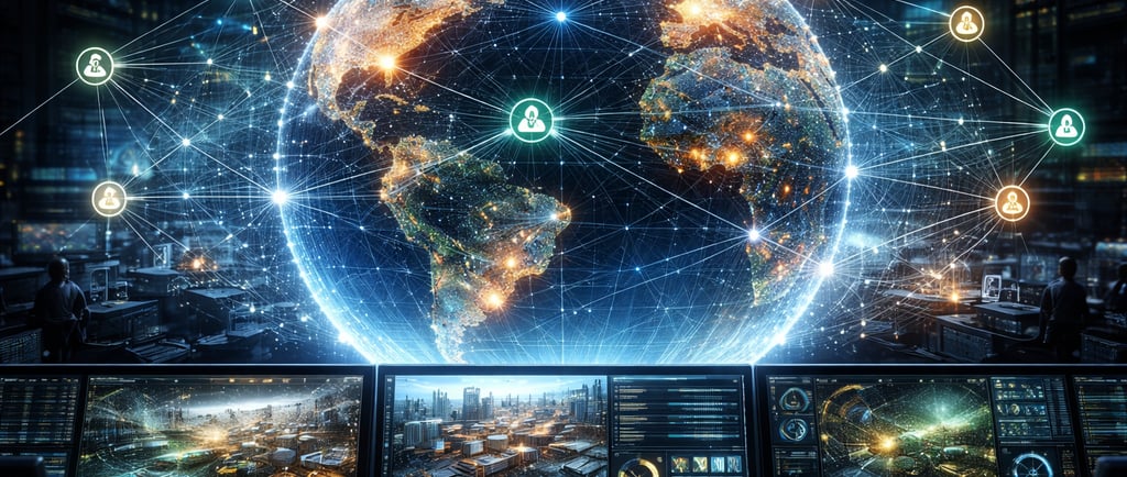 Connected digital globe with global ESG data networks and analytics dashboards in a control room.