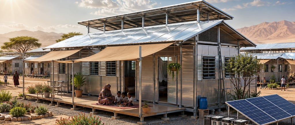 Passive metal shelter with reflective roof, shaded vents, and solar power in a hot relocation site.