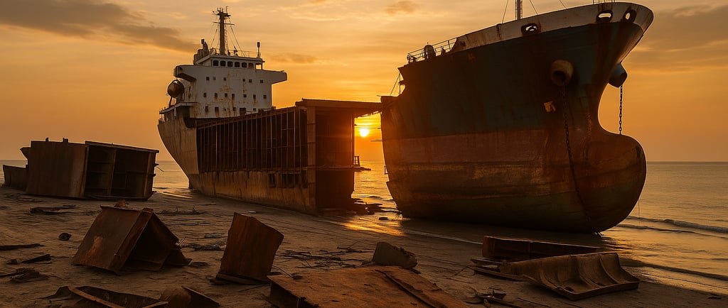 Dismantled ships on a beachside yard at sunset with rusted metal parts on the sand.