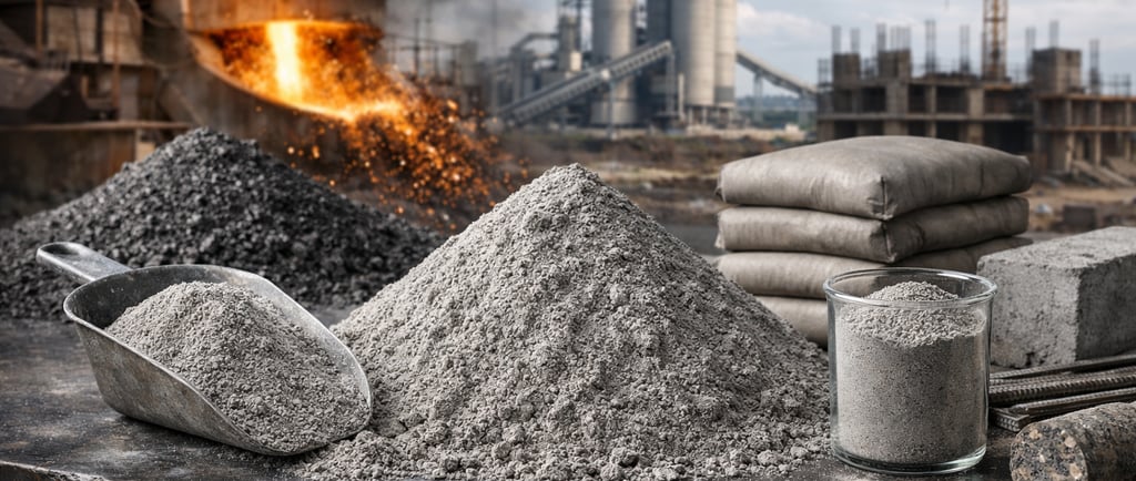 GGBS powder with a scoop and sample jar, with a steel plant and cement facility in the background.