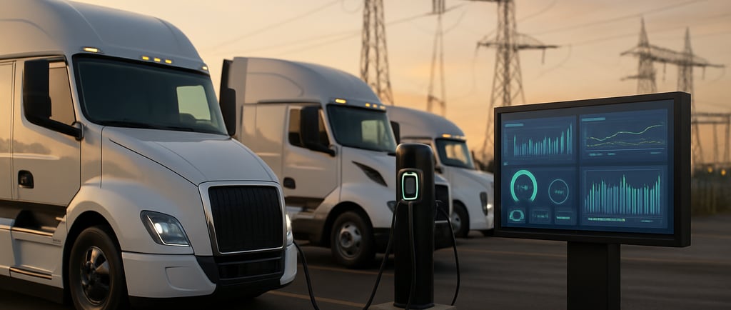 Electric trucks charging at a yard depot with smart chargers and grid infrastructure.