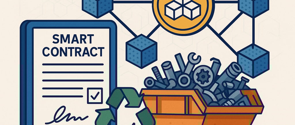 Smart contract on tablet with recycling symbol, scrap metal container, and blockchain nodes