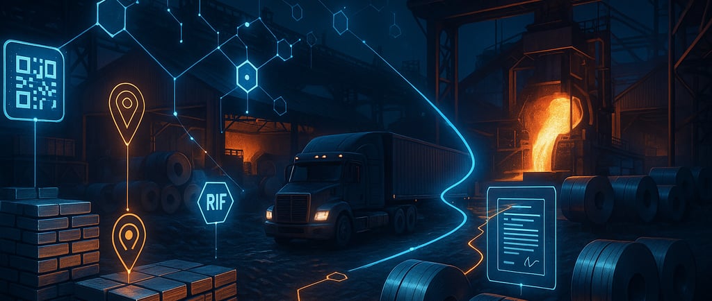 Blockchain-powered metals supply chain with digital links and steel coils near a furnace.