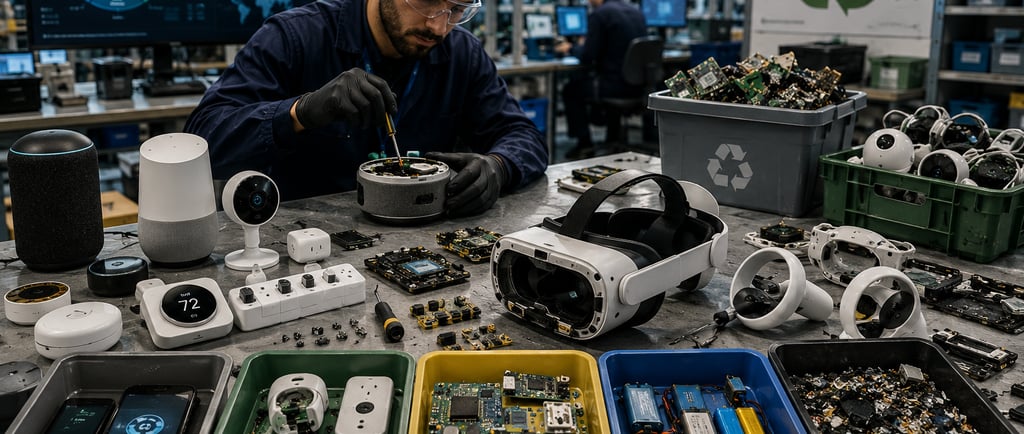 Technician sorting smart home devices, batteries, circuit boards, sensors, an XR headset for repair
