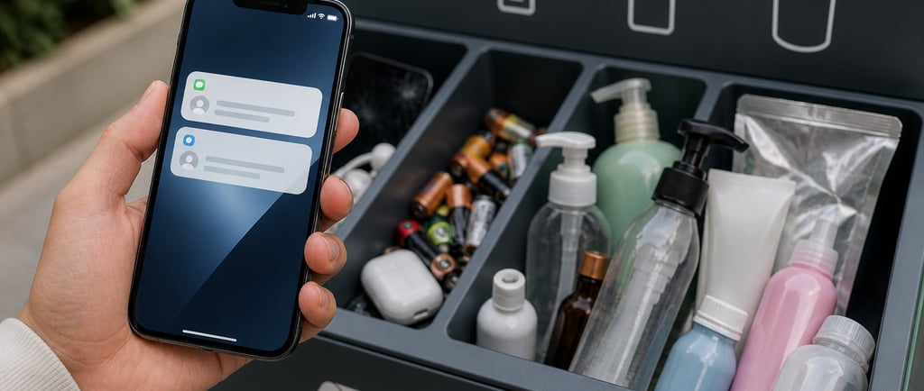 Hand holding smartphone beside take-back bin with electronics and containers.