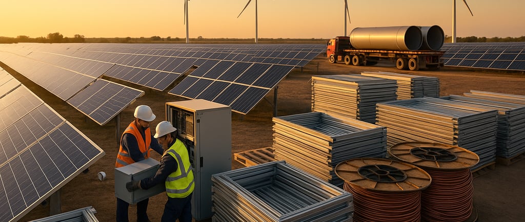 Workers repowering solar panels with wind turbines in the background.