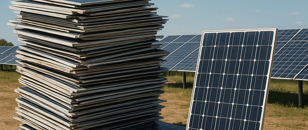 Stack of old solar panels beside active solar farm under a clear sky. 