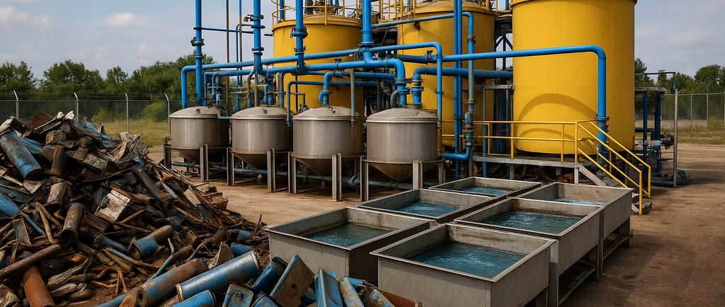 Industrial cobalt recycling plant with yellow tanks, blue pipes, and scrap batteries in front.