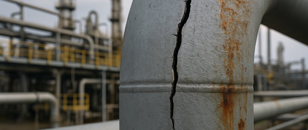 Close-up of a cracked, corroded steel pipe in an industrial setting.