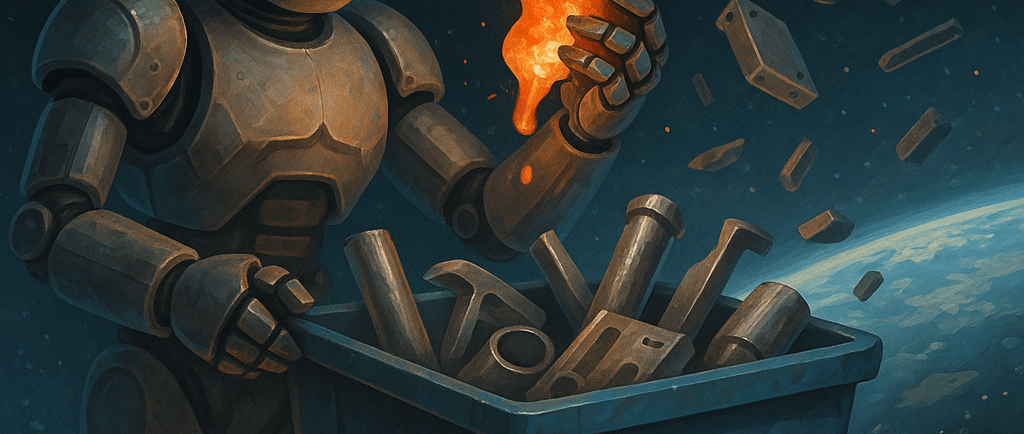Robot recycling metal in space with Earth and debris in the background.