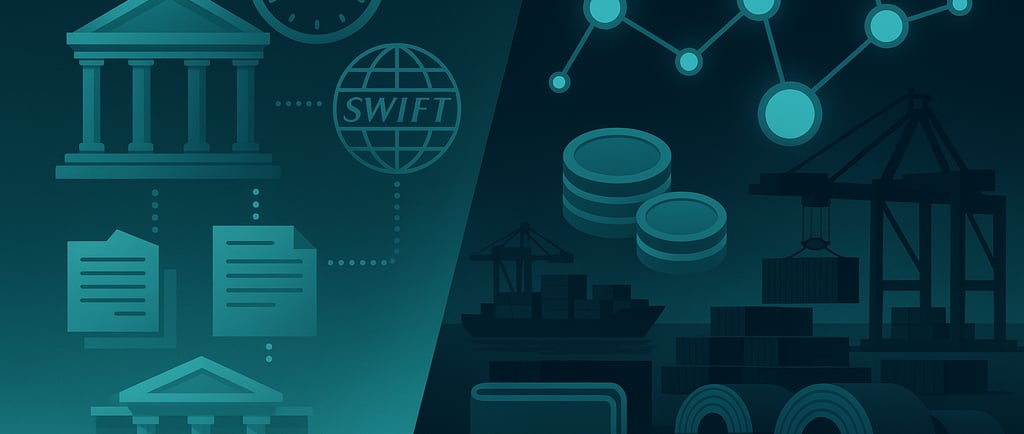 Split image showing fiat banking vs. blockchain stablecoin trade in teal tones.