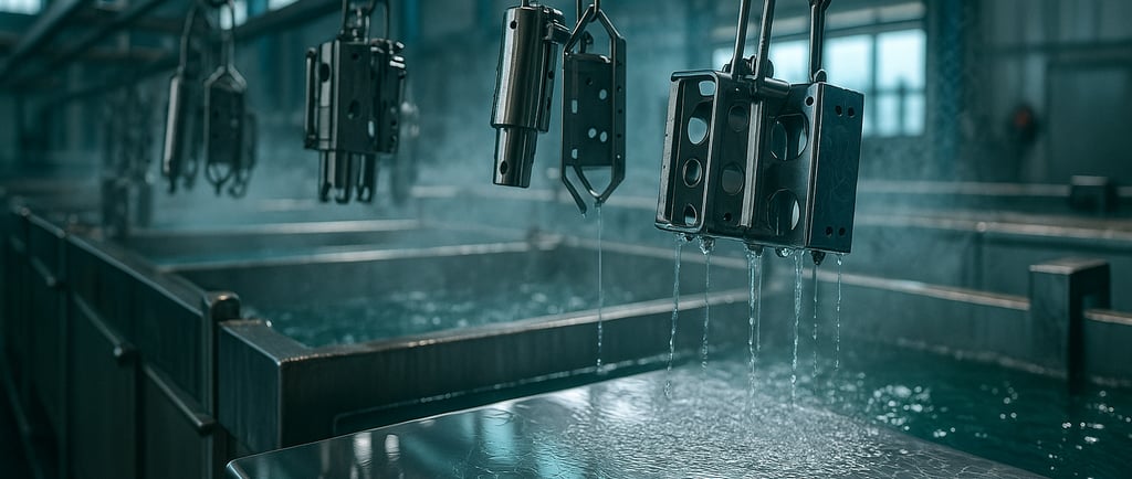 Stainless passivation line with metal parts dripping over acid baths in an industrial plant.