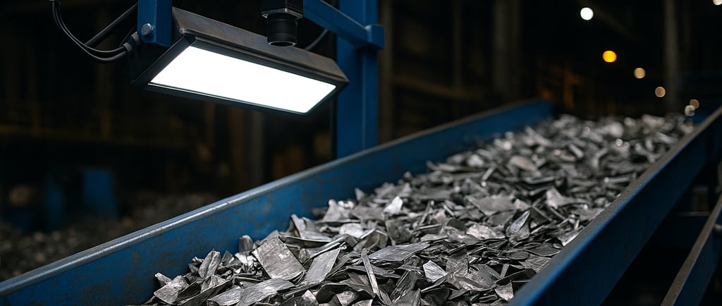 Computer vision system scanning stainless steel scrap on a conveyor belt.